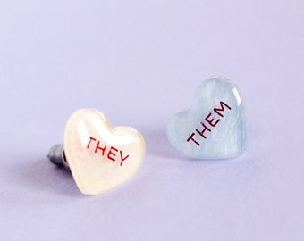 They/Them Pronoun Conversation Heart Earrings, small pronoun heart earrings, pride valentine earrings, non-binary valentines gift