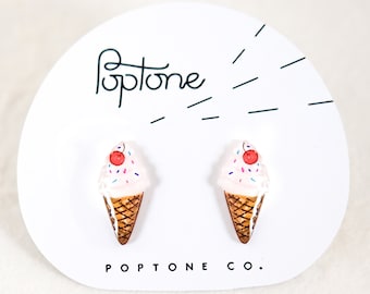 Ice Cream Cone Earrings | ice cream stud earrings | soft serve cone with sprinkles and cherry | Kawaii food jewelry