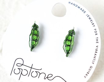Handmade Pea Pod Stud Earrings – Cute Vegetable Jewelry, Garden Lover Gift, Green Foodie Earrings