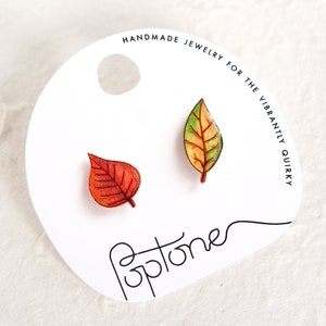 Autumn Leaf Stud Earrings / Red and Green Asymmetrical Fall Leaves image 1