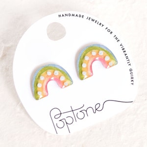 Simple Pastel Rainbow Arch Stud Earrings with metallic silver dots