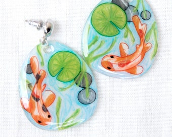 Koi Pond Statement Earrings / Koi Fish Earrings / Japanese Garden Earrings