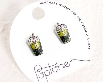 Bubble Tea Earrings, matcha tea cup, boba tea kawaii studs, green tea kawaii earrings