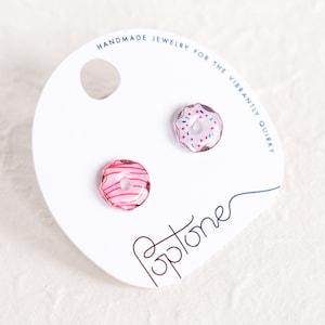 Frosted Donut Earrings / Pink and Chocolate Artisanal Doughnut Food Stud Earrings