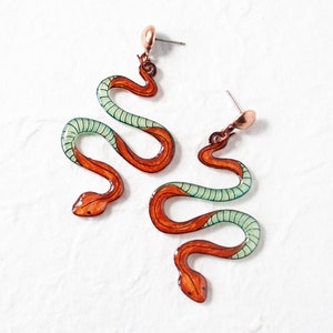 Boho Snake Serpent Earrings / detailed snake Statement earrings bronze and green