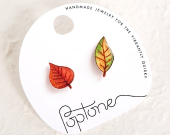 Autumn Leaf Stud Earrings / Red and Green Asymmetrical Fall Leaves