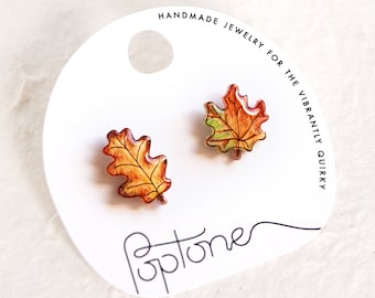 Maple leaf earrings, fall leaf studs, oak autumn leaves, leaf earrings mismatched set, autumn leaf earrings