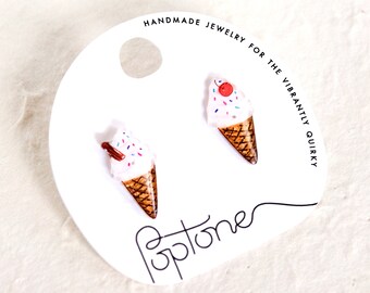 Ice Cream Cone Earrings | ice cream stud earrings | soft serve cone with sprinkles and cherry | Kawaii food jewelry