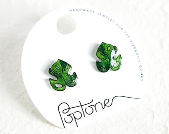 Monstera Earrings / Tropical Leaf Stud Earrings / Monstera Leaf Jewelry