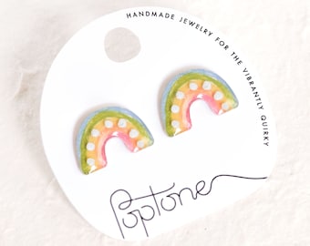 Simple Pastel Rainbow Arch Stud Earrings with metallic silver dots