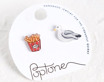 Möwe und Pommes Mismatched Verspielte Ohrstecker | Sea Gull and Chips Strand Ohrringe