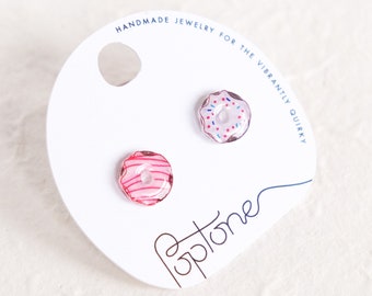 Frosted Donut Earrings / Pink and Chocolate Artisanal Doughnut Food Stud Earrings