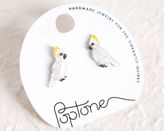 Cockatoo Bird Stud Earrings / Cute Everyday Wear White and Yellow Bird Stud Earrings