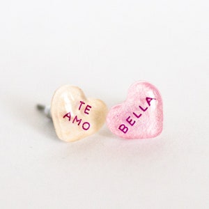 Spanish Candy Heart Earrings, te amo valentine earrings, conversation hearts, valentines gift for her, bella