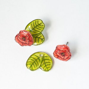 Red Poppy Earrings, double sided earrings, poppies with leaves, poppy jewelry, red flower stud earrings, poppy studs, red poppies