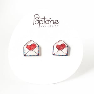 Love Letter Earrings, cute valentines earrings, valentines gift for her, envelope studs, heart envelopes, air mail earrings