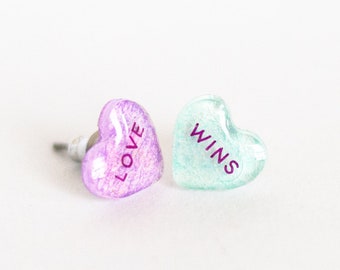 Candy Heart Earrings - Love Wins | Small Dainty Trendy Lilac Teal Studs Conversation Heart Pop Funky Cute Romantic Valentine’s Gift