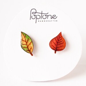 Autumn Leaf Stud Earrings / Red and Green Asymmetrical Fall Leaves image 3