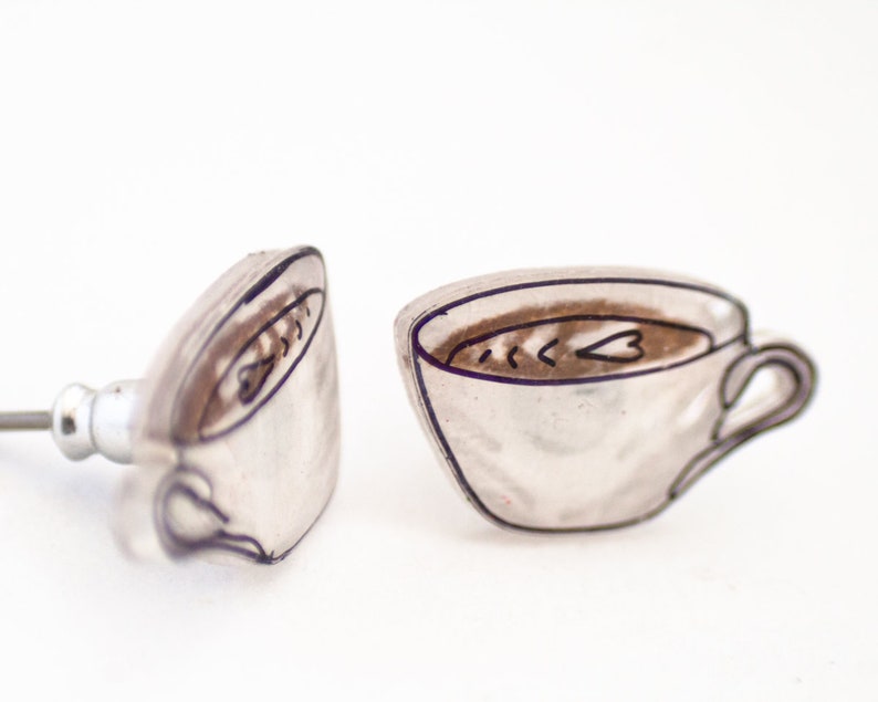 Coffee Stud Earrings, coffee lover jewelry, coffee cup, latte earrings, latte art jewelry image 2