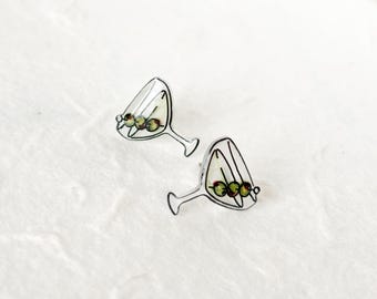 Handmade Martini Stud Earrings – Cocktail Jewelry with Olive, Cute Bar Tender Gift, Happy Hour Earrings