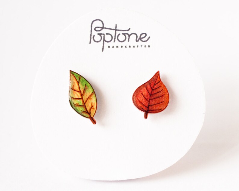 Autumn Leaf Stud Earrings / Red and Green Asymmetrical Fall Leaves image 3