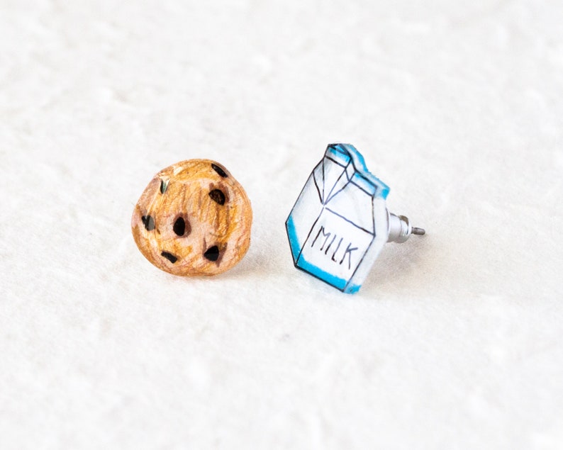 Milk and Cookies Stud Earrings, kawaii food earrings, milk and cookie jewelry, cute earrings image 4