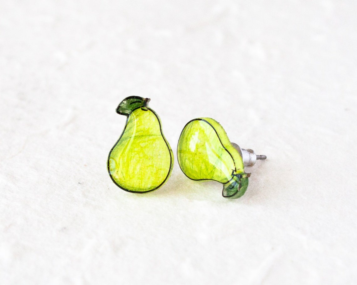 Pear Stud Earrings fruit earrings pear jewelry golden green Etsy
