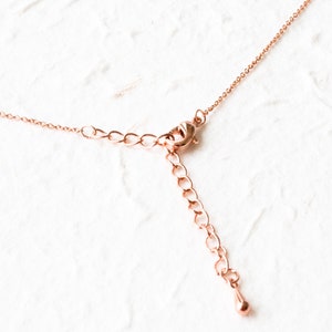 May include: A rose gold chain necklace with a lobster clasp and an extension chain.