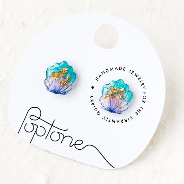 Mermaid Shell Earrings with gold leaf, Mermaid gift, mermaid stud earrings, beach jewelry, mermaid style, little mermaid gift