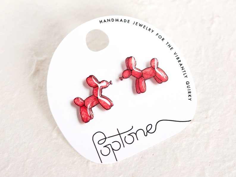 Balloon Dog Earrings / Red Balloon Animal Earrings / Kawaii Balloon Dog Art image 1