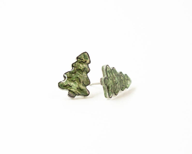 Pine Tree Earrings, Christmas tree earrings, pine trees, nature tree stud earrings, simple Christmas jewelry image 3