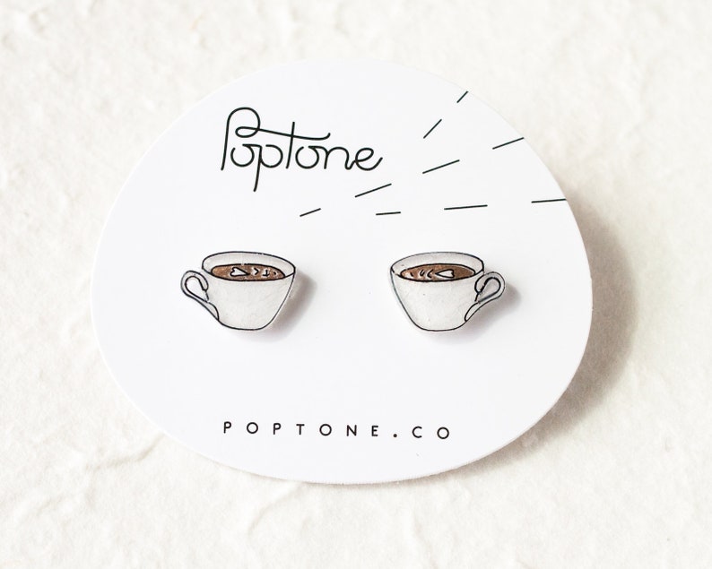 Coffee Stud Earrings, coffee lover jewelry, coffee cup, latte earrings, latte art jewelry image 1