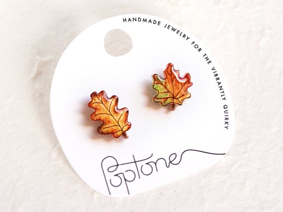 Maple leaf earrings, fall leaf studs, oak autumn leaves, leaf earrings mismatched set, autumn leaf earrings