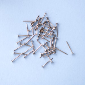 May include: A pile of silver-coloured tacks on a light blue background.