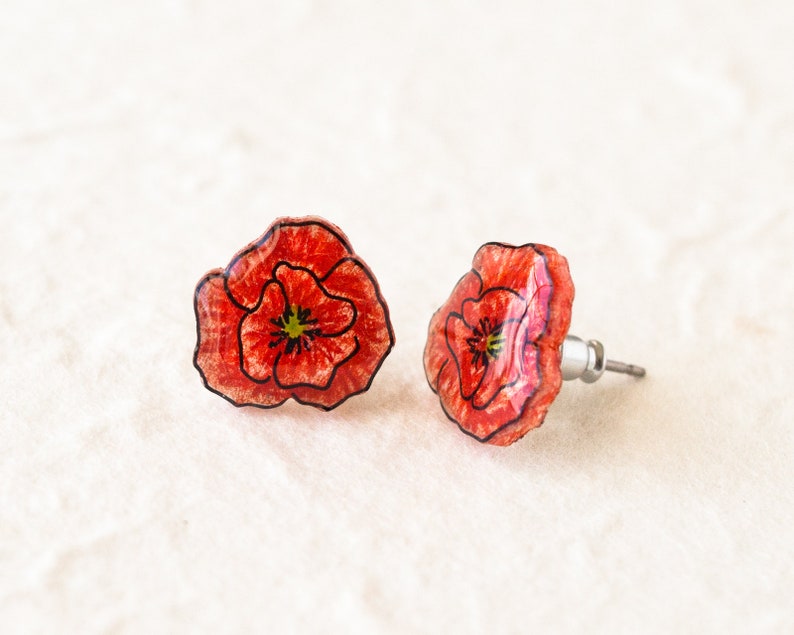 Red Poppy Earrings, poppies, poppy jewelry, red flower stud earrings, poppy studs, red poppies image 7