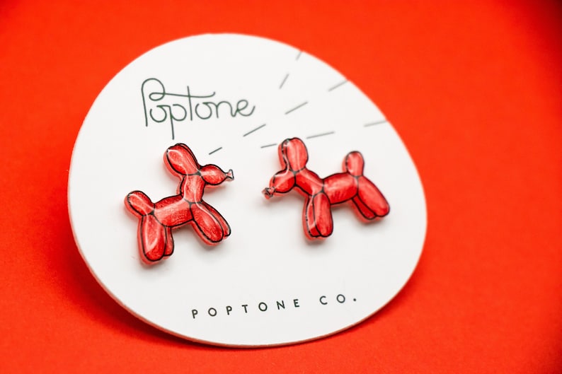 Balloon Dog Earrings / Red Balloon Animal Earrings / Kawaii Balloon Dog Art image 2