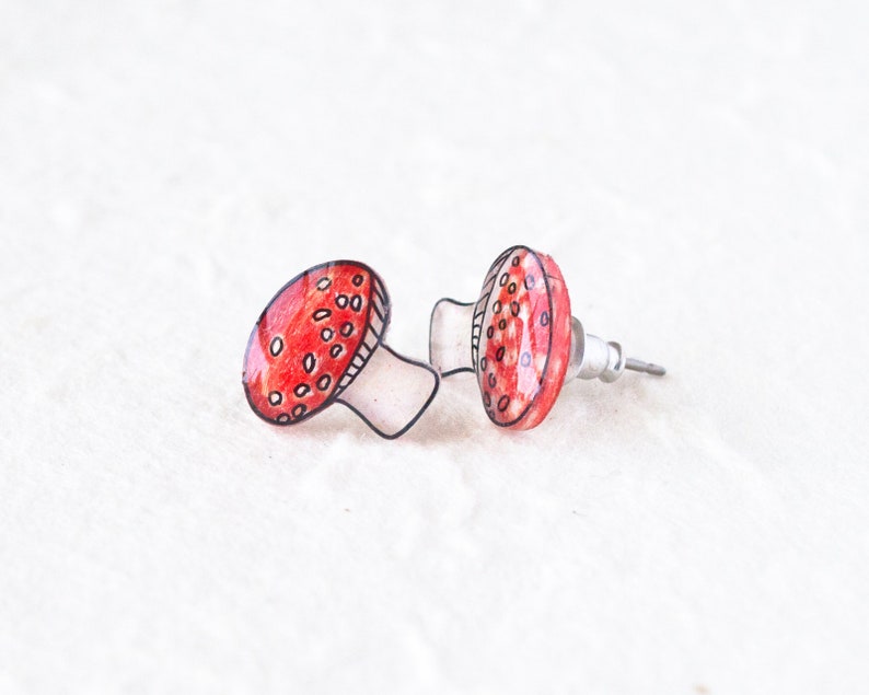 Red Mushroom Earrings / Cottagecore Mushroom Earrings / Amanita Woodland Toadstool / Gamer Earrings image 2