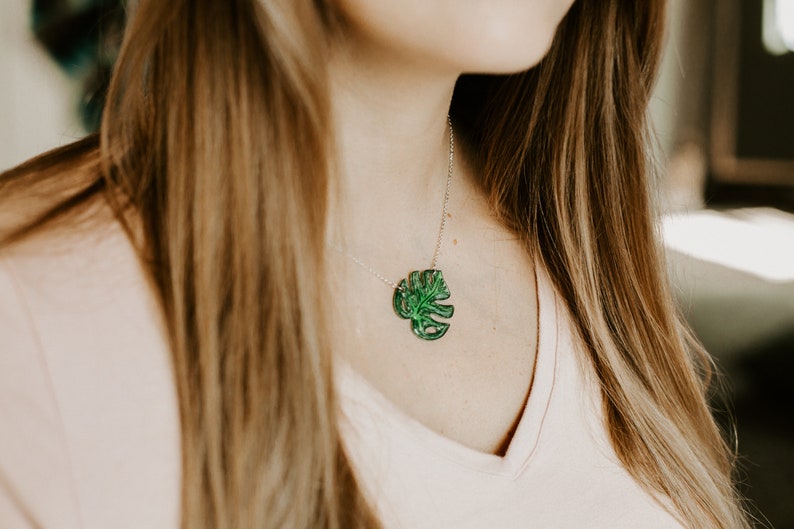 Monstera Leaf Necklace / Leaf Pendant / Tropical Plant Jewelry image 2