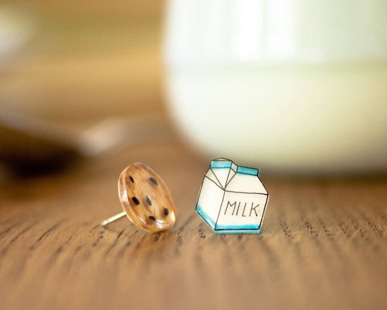 Milk and Cookies Stud Earrings, kawaii food earrings, milk and cookie jewelry, cute earrings image 6