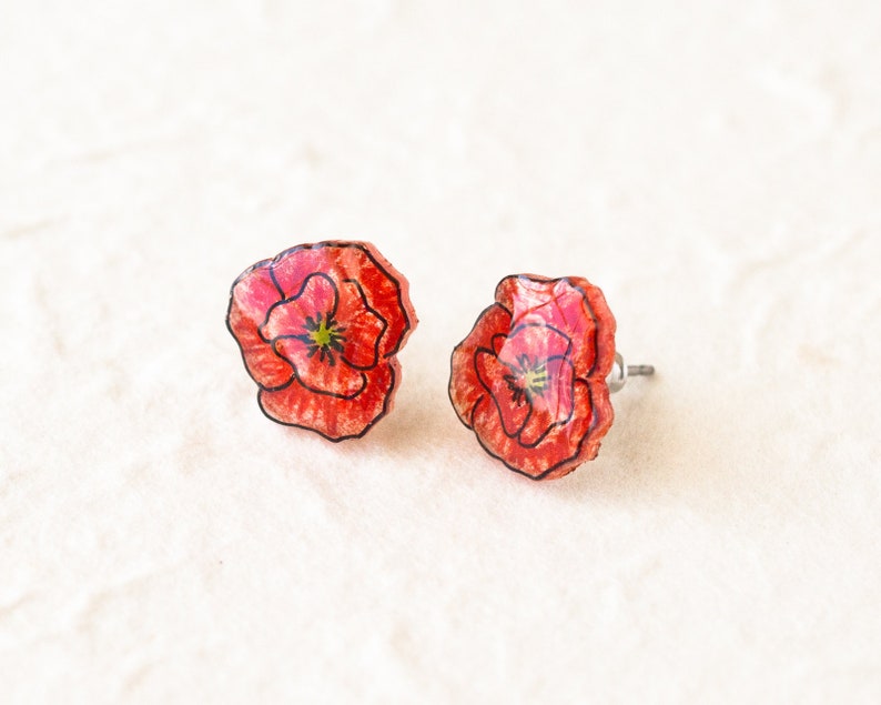 Red Poppy Earrings, poppies, poppy jewelry, red flower stud earrings, poppy studs, red poppies image 2