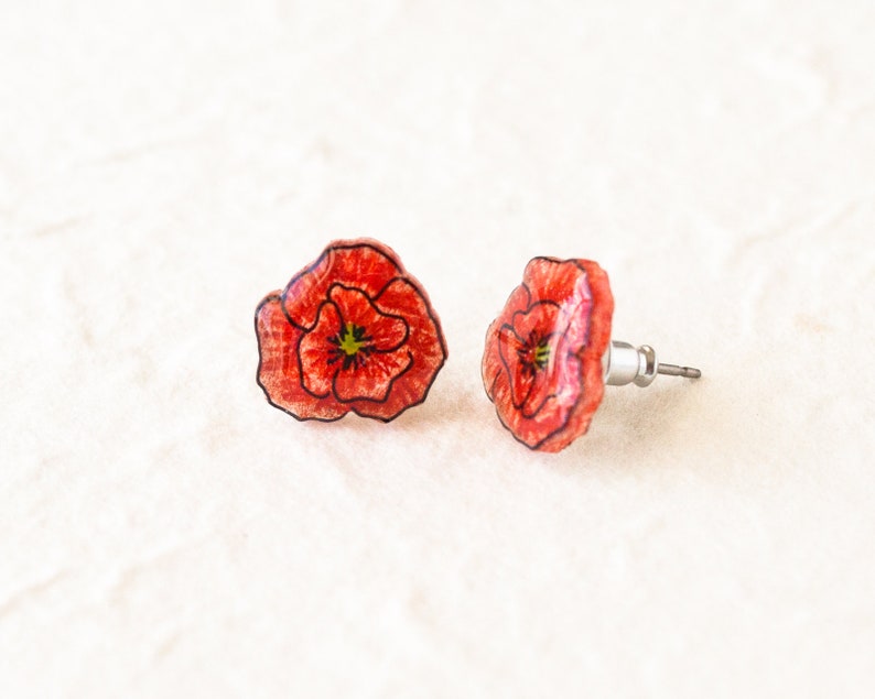 Red Poppy Earrings, poppies, poppy jewelry, red flower stud earrings, poppy studs, red poppies image 6