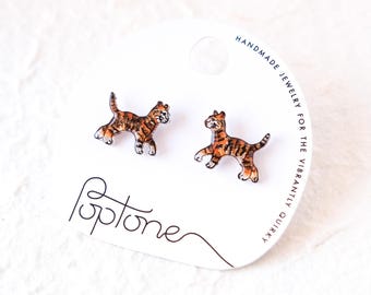 Tiger Cub Stud Earrings – Cute Tiny Big Cat Jewelry,  Jungle Animal Wildlife Gift