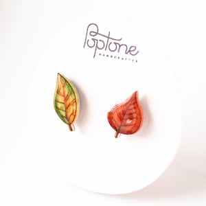 Autumn Leaf Stud Earrings / Red and Green Asymmetrical Fall Leaves image 6