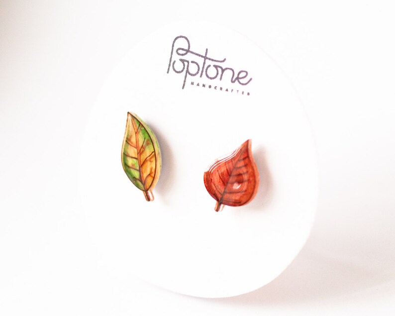 Autumn Leaf Stud Earrings / Red and Green Asymmetrical Fall Leaves image 6