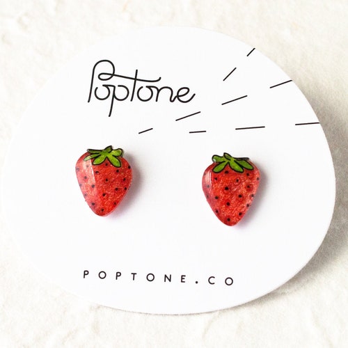 Strawberry Earrings, strawberry fruit studs, strawberries, kawaii fruit earrings, red berry earrings