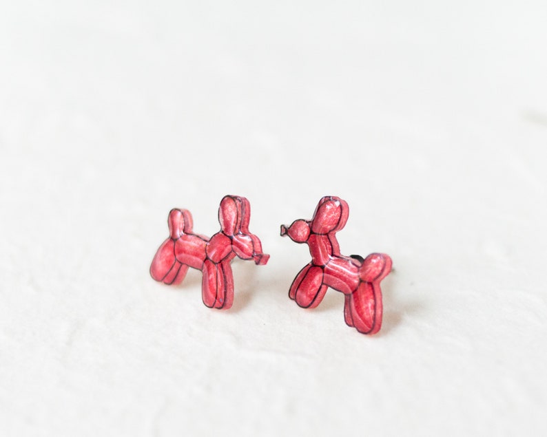 Balloon Dog Earrings / Red Balloon Animal Earrings / Kawaii Balloon Dog Art image 5