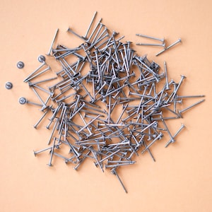May include: A large pile of silver tacks on a light brown surface. The tacks are scattered randomly and some are slightly separated from the main pile.