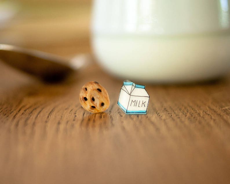 Milk and Cookies Stud Earrings, kawaii food earrings, milk and cookie jewelry, cute earrings image 5