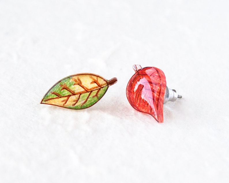 Autumn Leaf Stud Earrings / Red and Green Asymmetrical Fall Leaves image 4