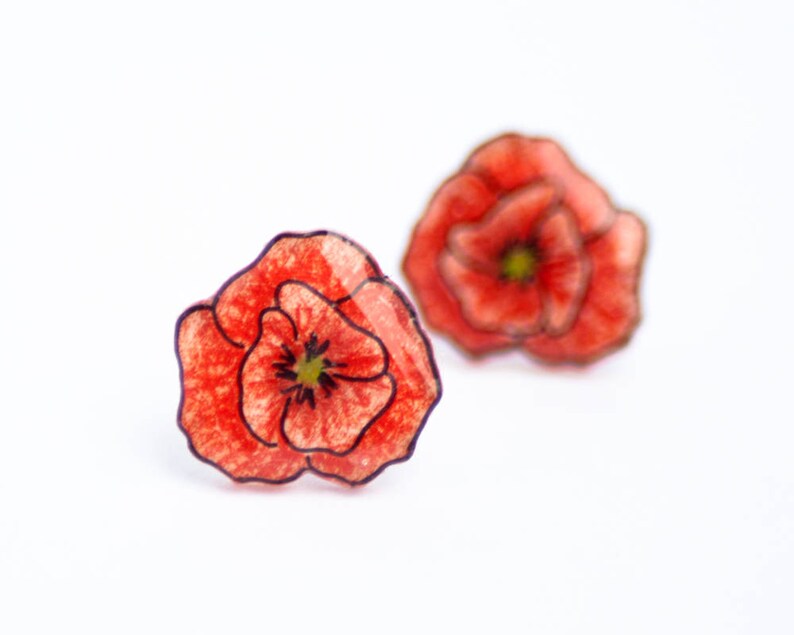 Red Poppy Earrings, poppies, poppy jewelry, red flower stud earrings, poppy studs, red poppies image 4